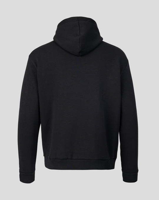 Back view of black Alpine Classic F1 Overhead Hoodie with hood up and plain fabric