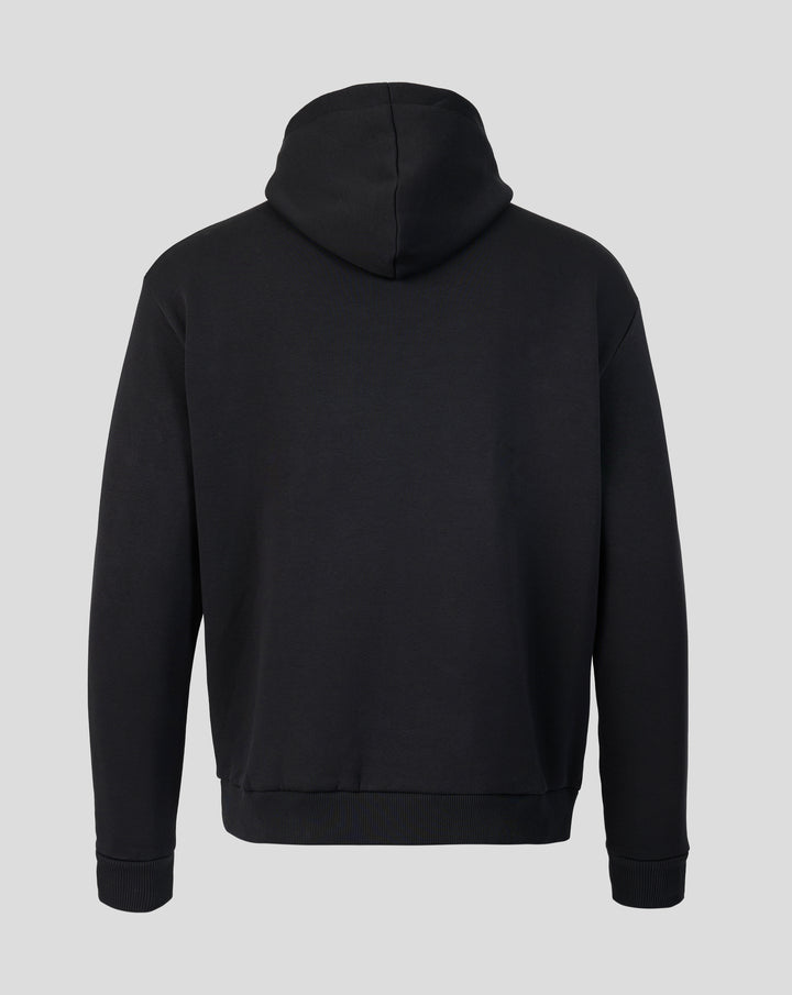 Back view of black Alpine Classic F1 Overhead Hoodie with hood up and plain fabric