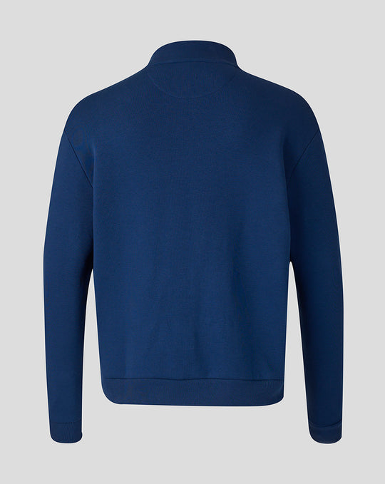 Back view of blue Unisex Alpine Classic F1 Half Zip fleece with ribbed hem.