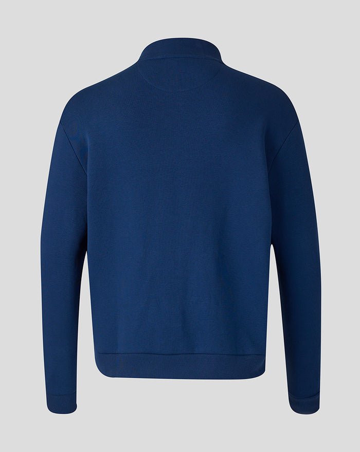 Back view of blue Unisex Alpine Classic F1 Half Zip fleece with ribbed hem.