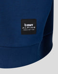 Blue knit fabric with a black BWT Alpine patch sewn on