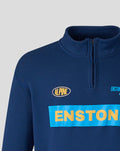 Front close up of blue fleece with turquoise ENSTONE banner and yellow letters across chest.
