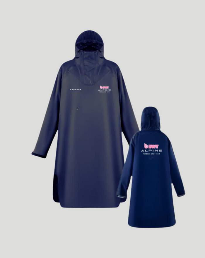 Navy waterproof poncho with hood, shown from front and back, featuring BWT Alpine logos.