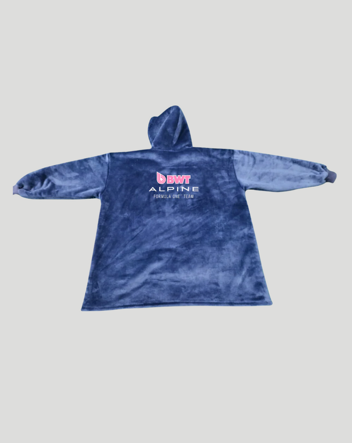 Blue tie-dye BWT Alpine indoor FanRobe with hood, laid flat to show the back Alpine team logo.