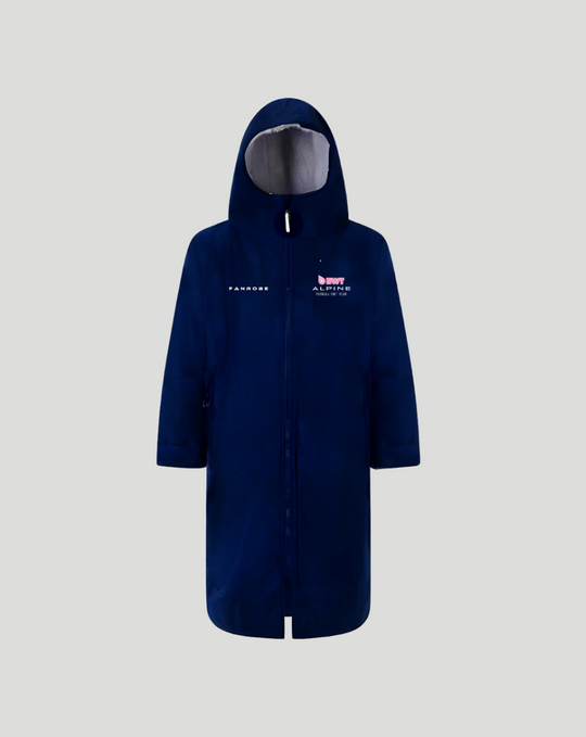 Navy junior BWT Alpine FanRobe with hood and full front zipper, logo on the chest
