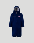 Navy junior BWT Alpine FanRobe with hood and full front zipper, logo on the chest