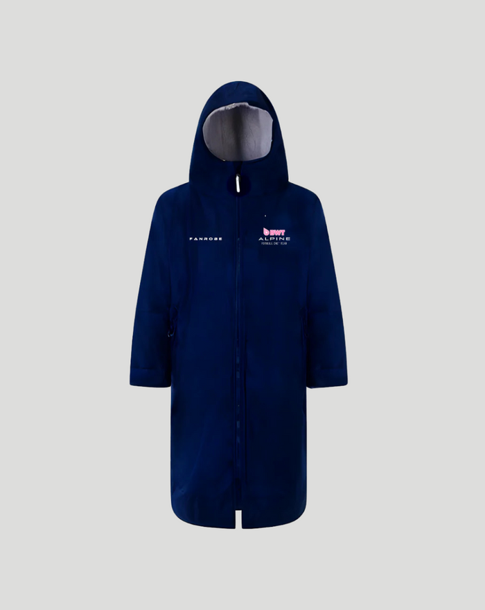 Navy blue hooded adult FanRobe with front zipper and Alpine team logos on the chest