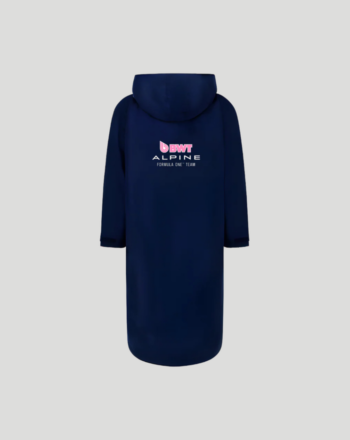 Back view of navy junior BWT Alpine FanRobe, hooded with logo centered on the upper back
