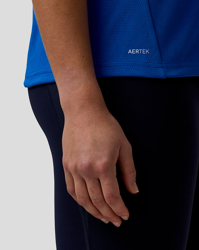 Blue Official Women's Formula One Team Set Up T Shirt close up on the hem with AerTek branding