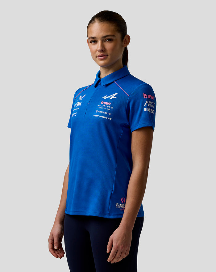 Blue Official Personalised Women's Driver Polo Shirt worn by a model, front view with sponsor logos and the Change the World graphic at the hem.