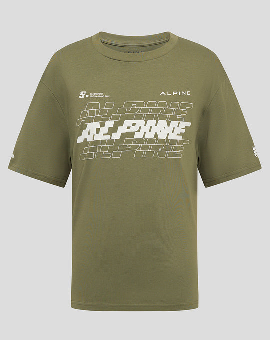 Olive green Alpine junior oversized T-shirt front view with large white graphic and Alpine branding