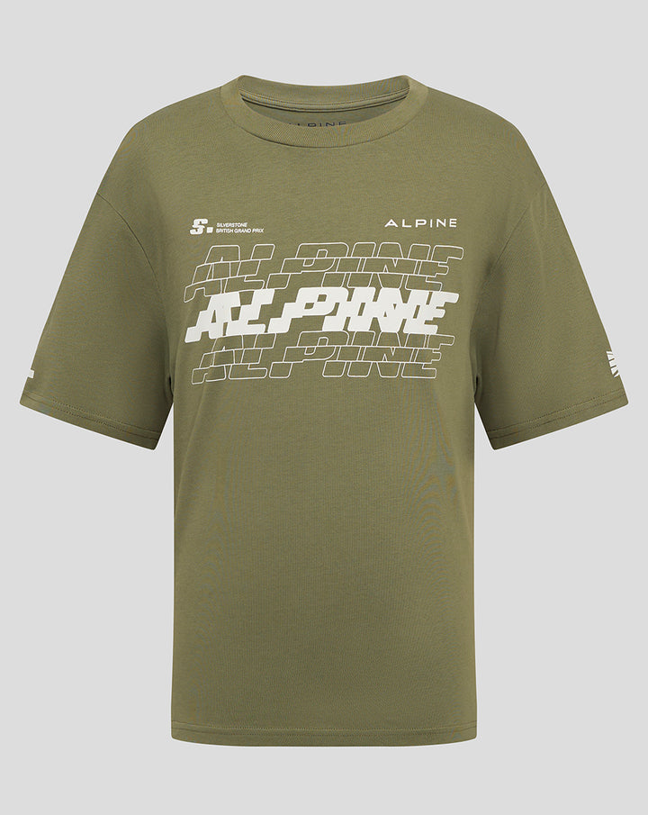 Olive green Alpine junior oversized T-shirt front view with large white graphic and Alpine branding