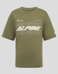Olive green Alpine junior oversized T-shirt front view with large white graphic and Alpine branding