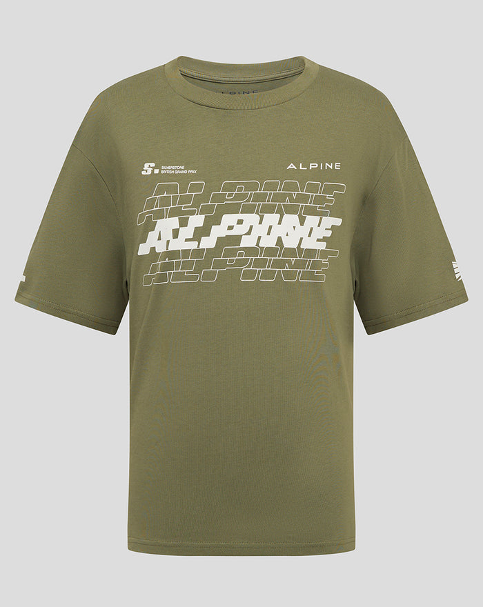 Olive green Alpine junior oversized T-shirt front view with large white graphic and Alpine branding