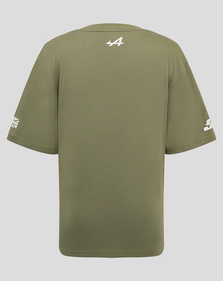 Olive green Alpine T-shirt back view with 44 near the collar and logos on the sleeves