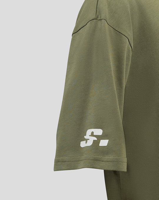 Olive green junior T shirt short sleeve with small white stylized logo near the hem.