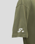 Olive green junior T shirt short sleeve with small white stylized logo near the hem.
