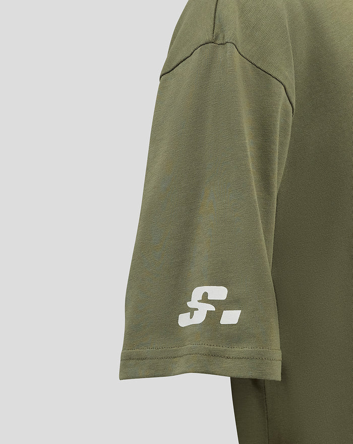Olive green junior T shirt short sleeve with small white stylized logo near the hem.