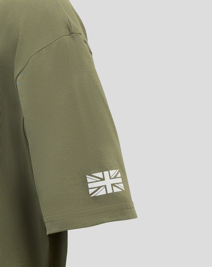 Olive green junior T shirt sleeve with white Union Jack style print near the cuff.