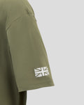 Olive green junior T shirt sleeve with white Union Jack style print near the cuff.