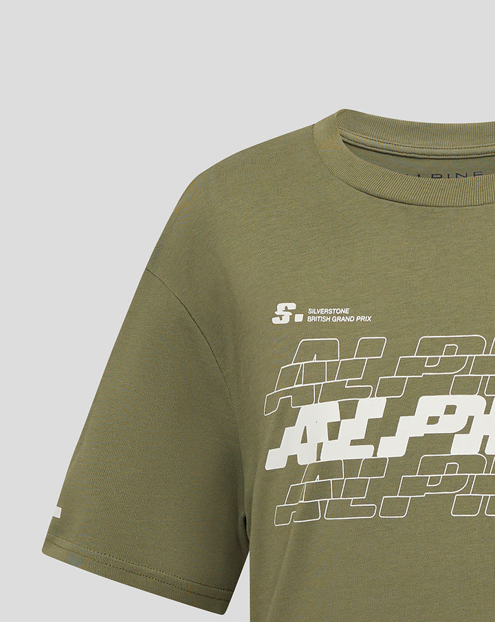Olive green junior T shirt front with large white racing track graphic across the chest.
