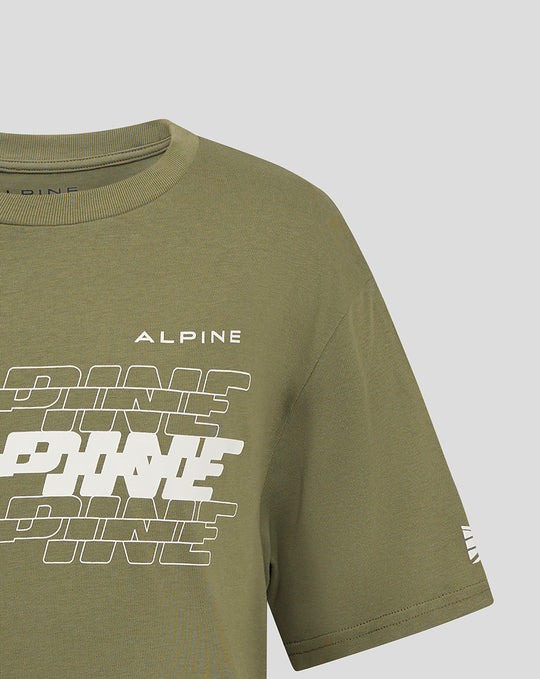 Olive green Alpine junior T shirt close up of chest with white ALPINE logo and geometric print