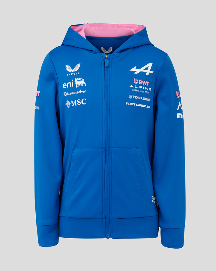 Blue official Junior Formula One Team zip hoodie front view with BWT Alpine branding and sponsor logos.