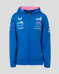 Blue official Junior Formula One Team zip hoodie front view with BWT Alpine branding and sponsor logos.