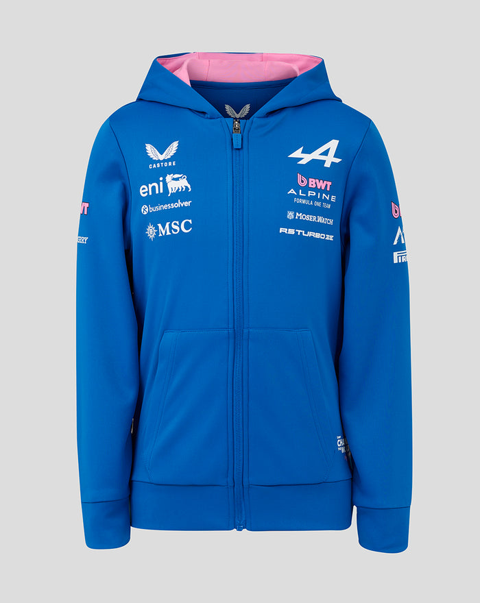 Blue official Junior Formula One Team zip hoodie front view with BWT Alpine branding and sponsor logos.