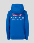 Blue zip hoodie back view with large BWT Alpine Formula One Team branding across the shoulders.