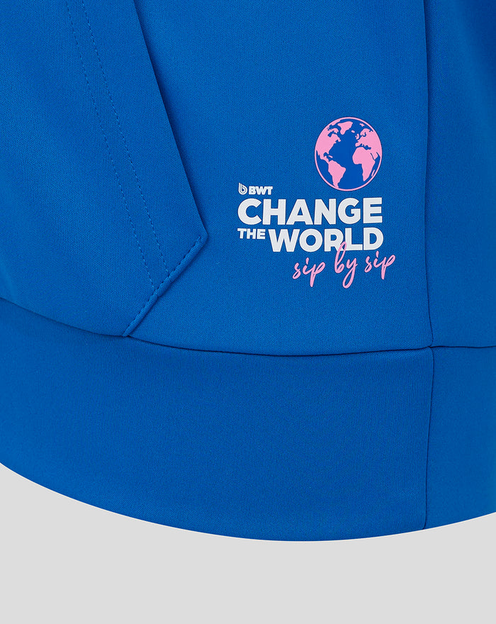 Blue hoodie side with Change the World sip by sip graphic featuring a globe and BWT branding.