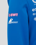 Blue hoodie sleeve with pink BWT logo and Oakberry graphic.