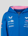 Official junior Formula One team blue zip hoodie with pink hood lining and white sponsor logos across the chest.