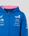 Blue zip hoodie with pink lining featuring large white A graphic and BWT Alpine branding on the chest.
