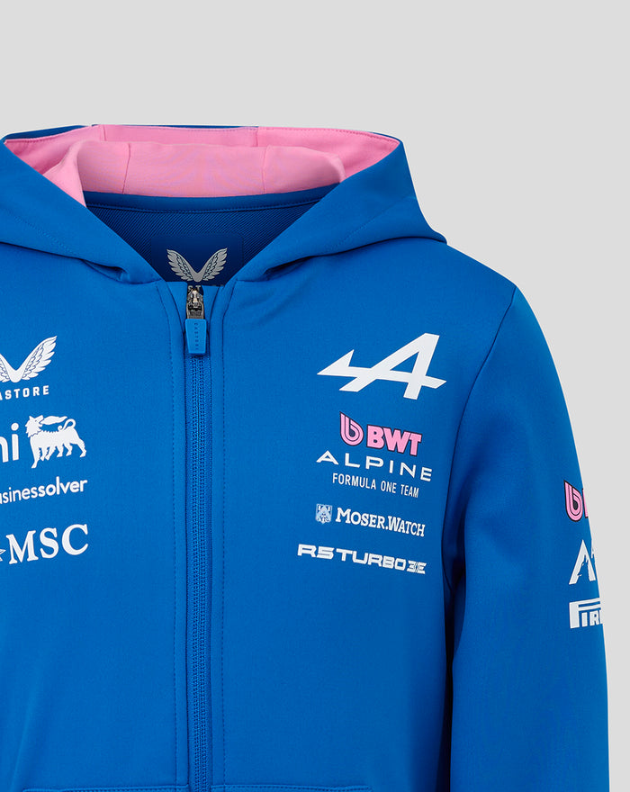 Blue zip hoodie with pink lining featuring large white A graphic and BWT Alpine branding on the chest.
