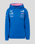 Official junior blue BWT Alpine hoodie with pink lined hood and sponsor logos on chest and sleeves