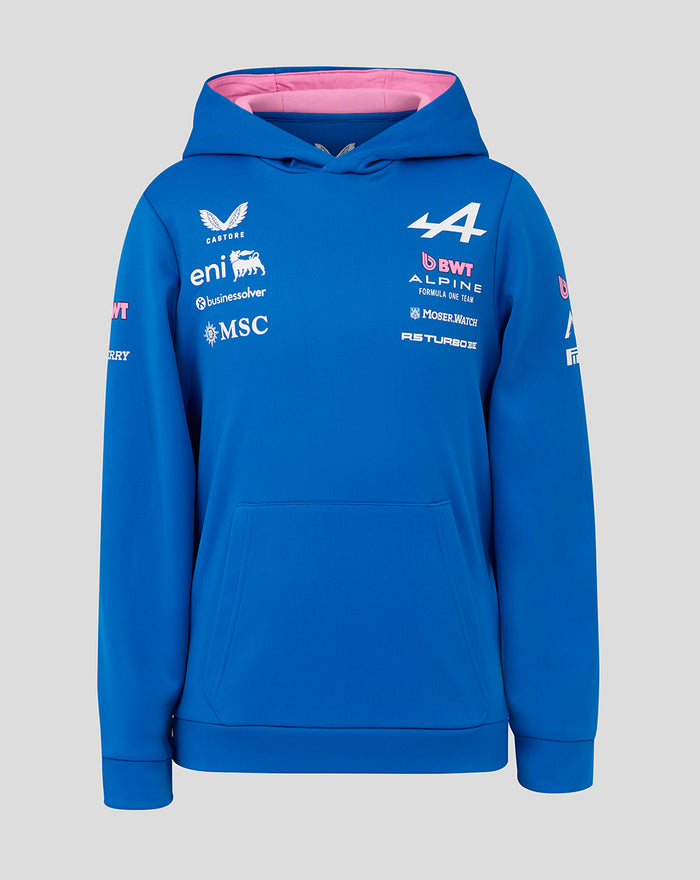 Official junior blue BWT Alpine hoodie with pink lined hood and sponsor logos on chest and sleeves