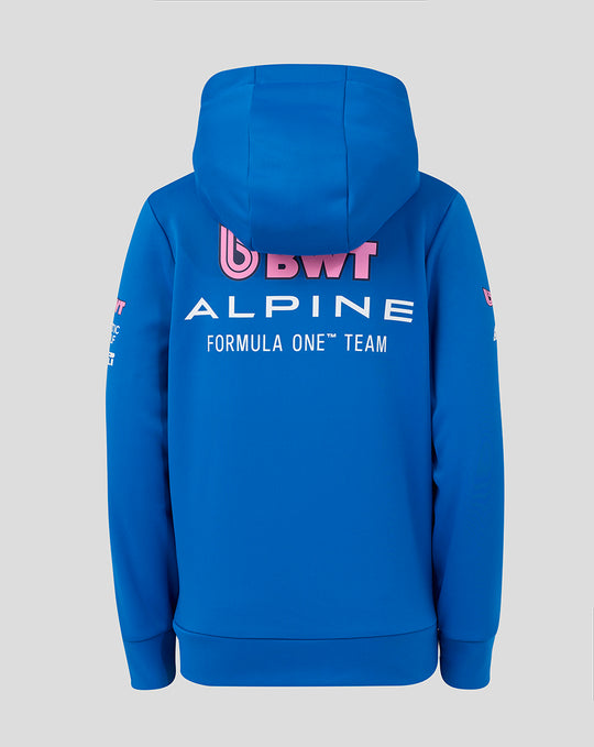 Blue hoodie back displays large white BWT Alpine logo and Formula One Team lettering