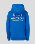 Blue hoodie back displays large white BWT Alpine logo and Formula One Team lettering