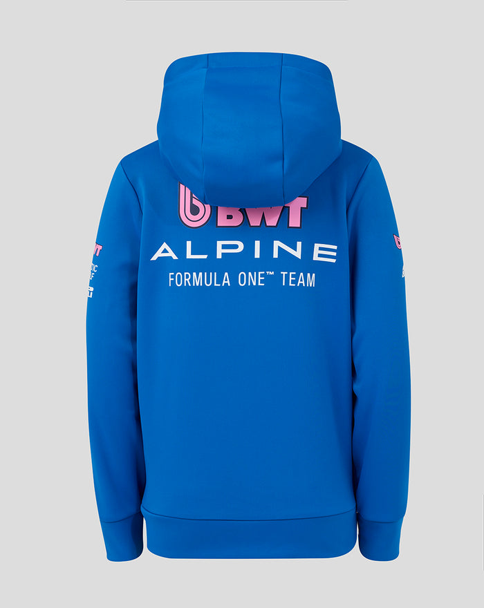 Blue hoodie back displays large white BWT Alpine logo and Formula One Team lettering