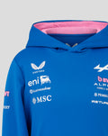 Blue hoodie with pink inner hood lining and white sponsor logos on the chest including Castore eni and MSC
