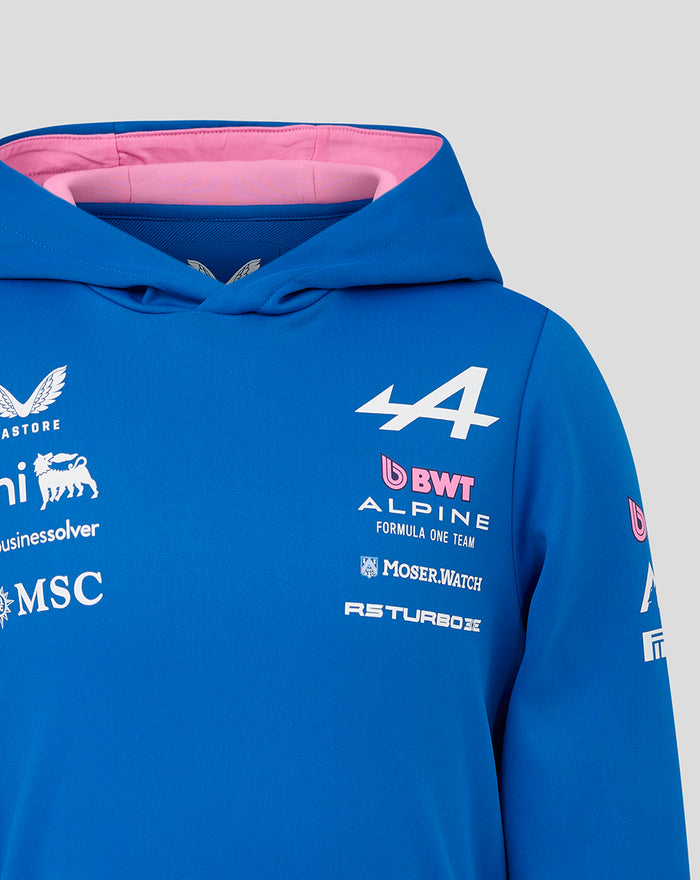 Blue hoodie with large white 44 and BWT Alpine sponsor logos on the chest area