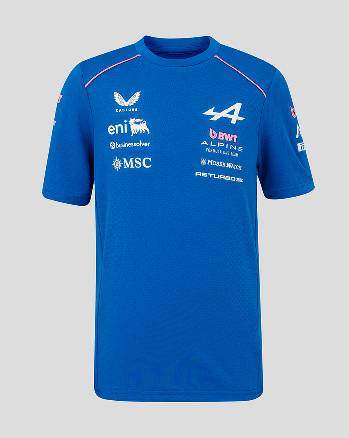 Front view of blue Official Junior Formula One Team Set Up T Shirt with chest sponsor logos.