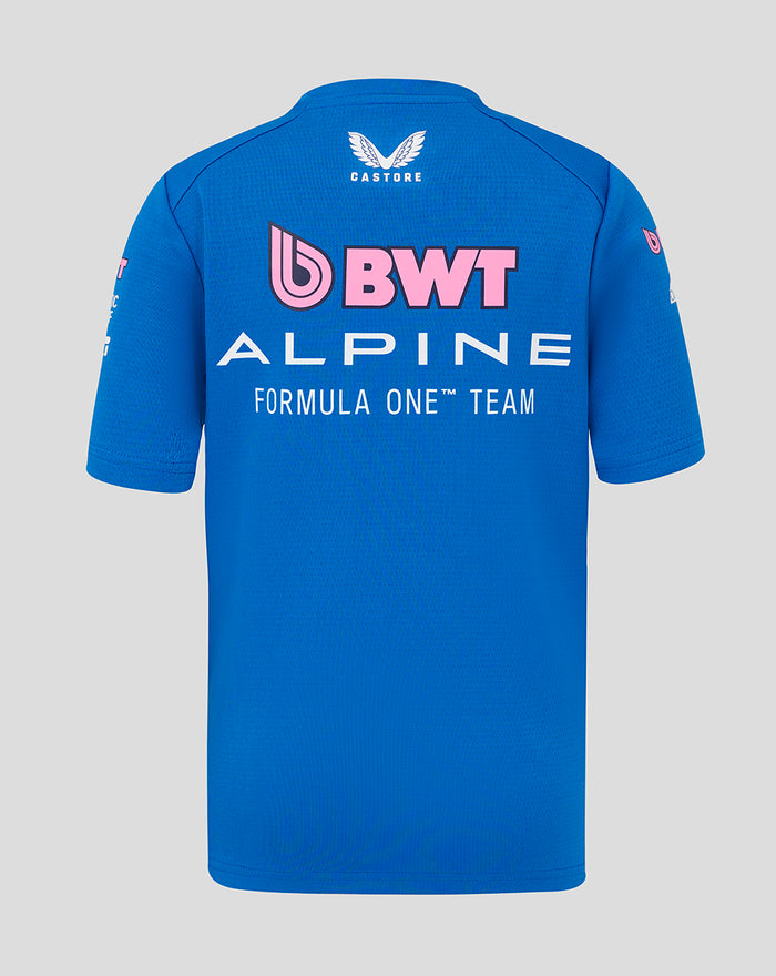 Back view of blue Official Junior Formula One Team Set Up T Shirt with large BWT Alpine branding.