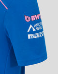 Close up of sleeve with BWT logo and Arctic Wolf Pirelli branding on the blue T shirt.