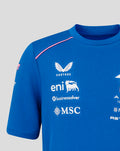 Front view of blue race shirt with sponsor logos including Castore eni businesssolver and MSC and pink shoulder piping