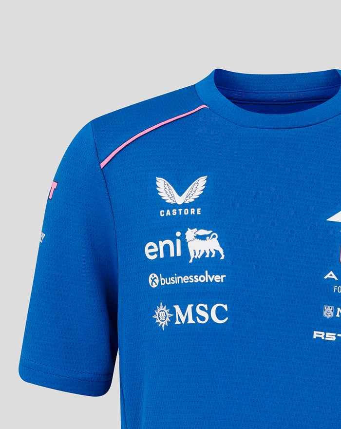 Front view of blue race shirt with sponsor logos including Castore eni businesssolver and MSC and pink shoulder piping