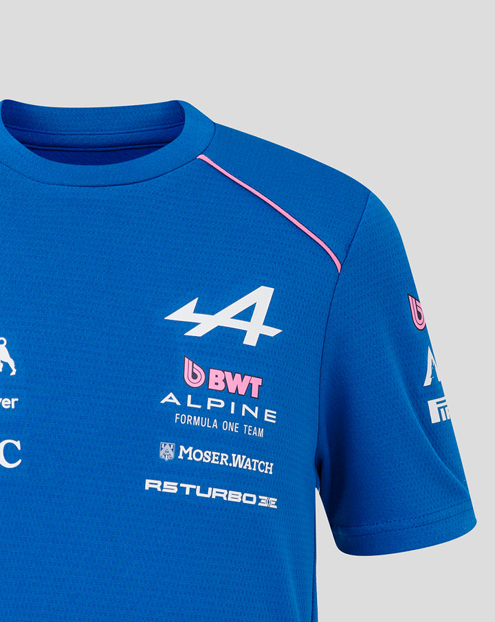 Blue Official BWT Alpine Formula One Team Set Up T Shirt with chest 44 and sponsor logos.