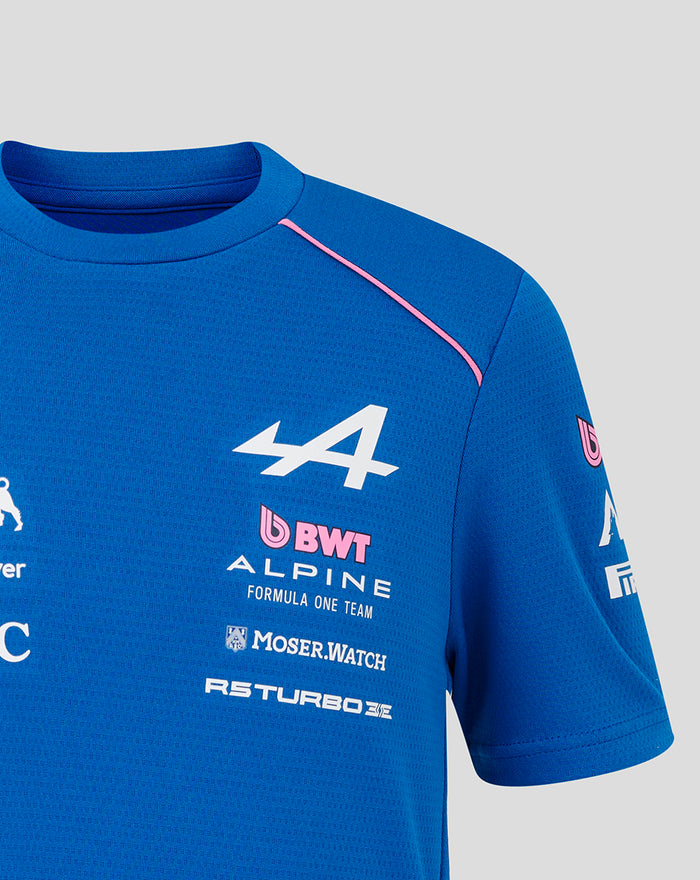 Blue Official BWT Alpine Formula One Team Set Up T Shirt with chest 44 and sponsor logos.