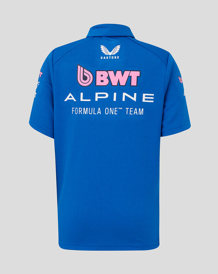 Back view of blue BWT Alpine Formula One Team polo with large sponsor graphics